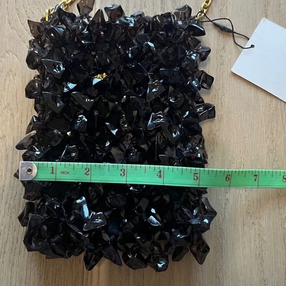 NWT $59 Zara Black Glossy Textured Black Crystal Handbag with Gold Chain - Picture 6 of 7